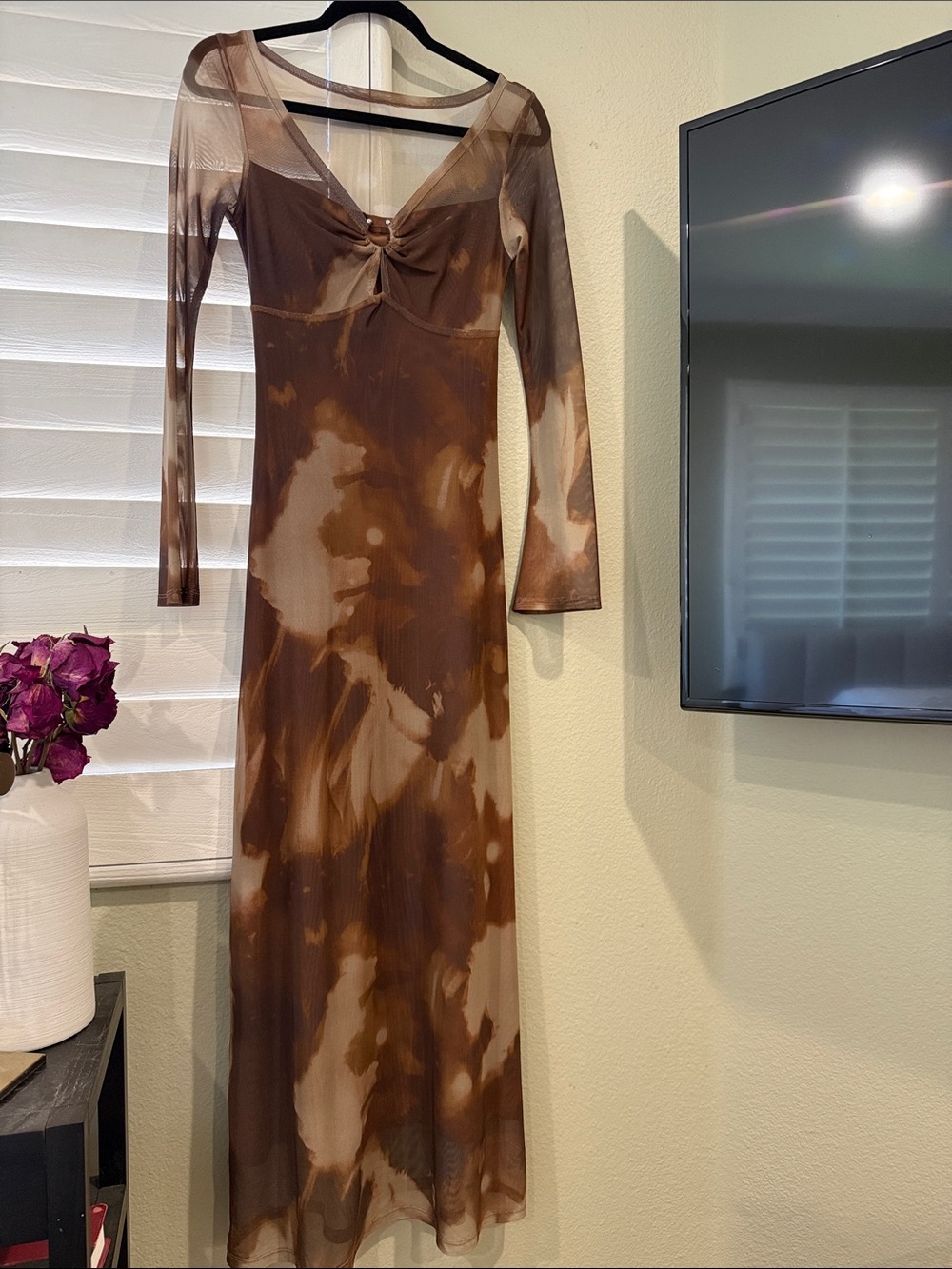 Knot-Front Brown Tie-Dye Mesh Maxi Dress